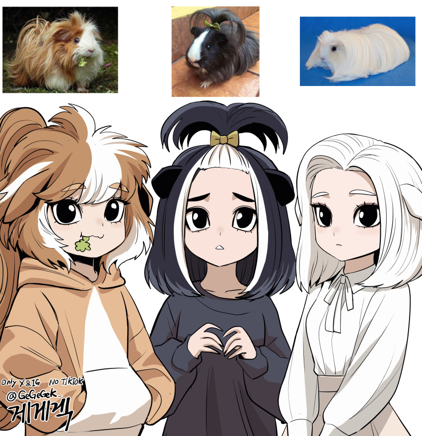 3girls, :<, :3, absurdres, animal_ears, artist_name, black_eyes, black_hair