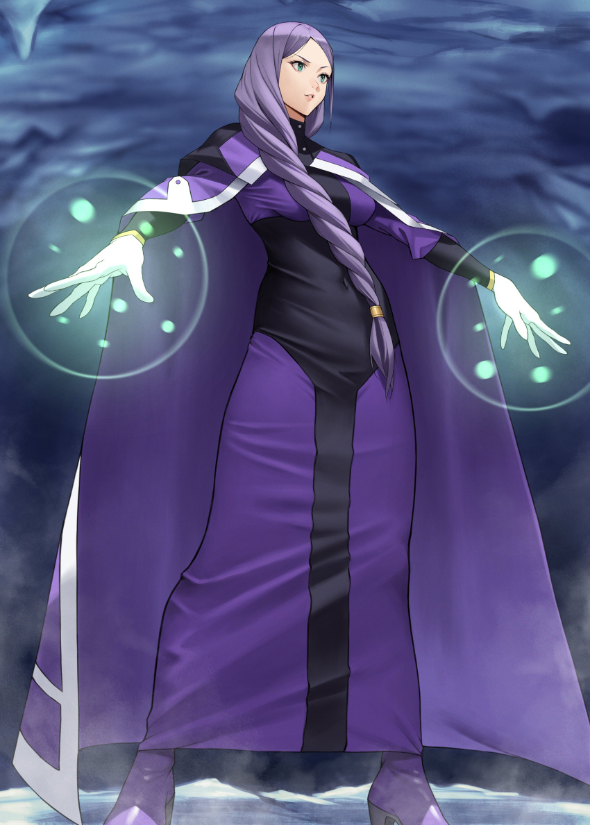 absurdres, boots, braid, cape, casting_spell, dress, gloves, green_eyes