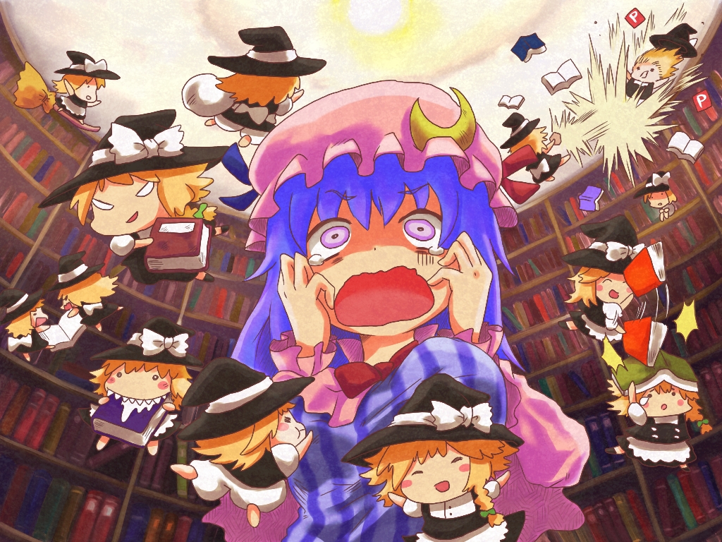 blonde_hair, blush_stickers, book, bookshelf, breast_grab, breasts, broom, chibi, clone, crescent, drooling, fighting, flying, hat, issin., kirisame_marisa, library, long_hair, master_spark, minigirl, open_mouth, patchouli_knowledge, power-up, powerup, purple_hair, saliva, sharp_teeth, tears, teeth, touhou, voile, wavy_mouth, witch_hat
