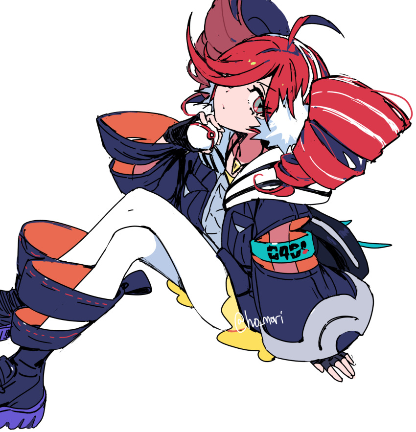 1girl, ahoge, arm_at_side, black_boots, black_gloves, black_jacket, boots, closed_mouth, drill_hair, expressionless, fingerless_gloves, gloves, grey_shirt, hair_over_one_eye, hand_up, harurie, highres, holding, holding_poke_ball, jacket, jewelry, kasane_teto, kneehighs, luxury_ball, necklace, on_floor, pantyhose, poke_ball, pokemon, project_voltage, red_hair, rival_teto_(project_voltage), see-through_clothes, see-through_skirt, shirt, sideways_glance, simple_background, sitting, skirt, socks, solo, symbol-shaped_pupils, triangle-shaped_pupils, twin_drills, twintails, utau, vocaloid, white_background, white_pantyhose, yellow_skirt