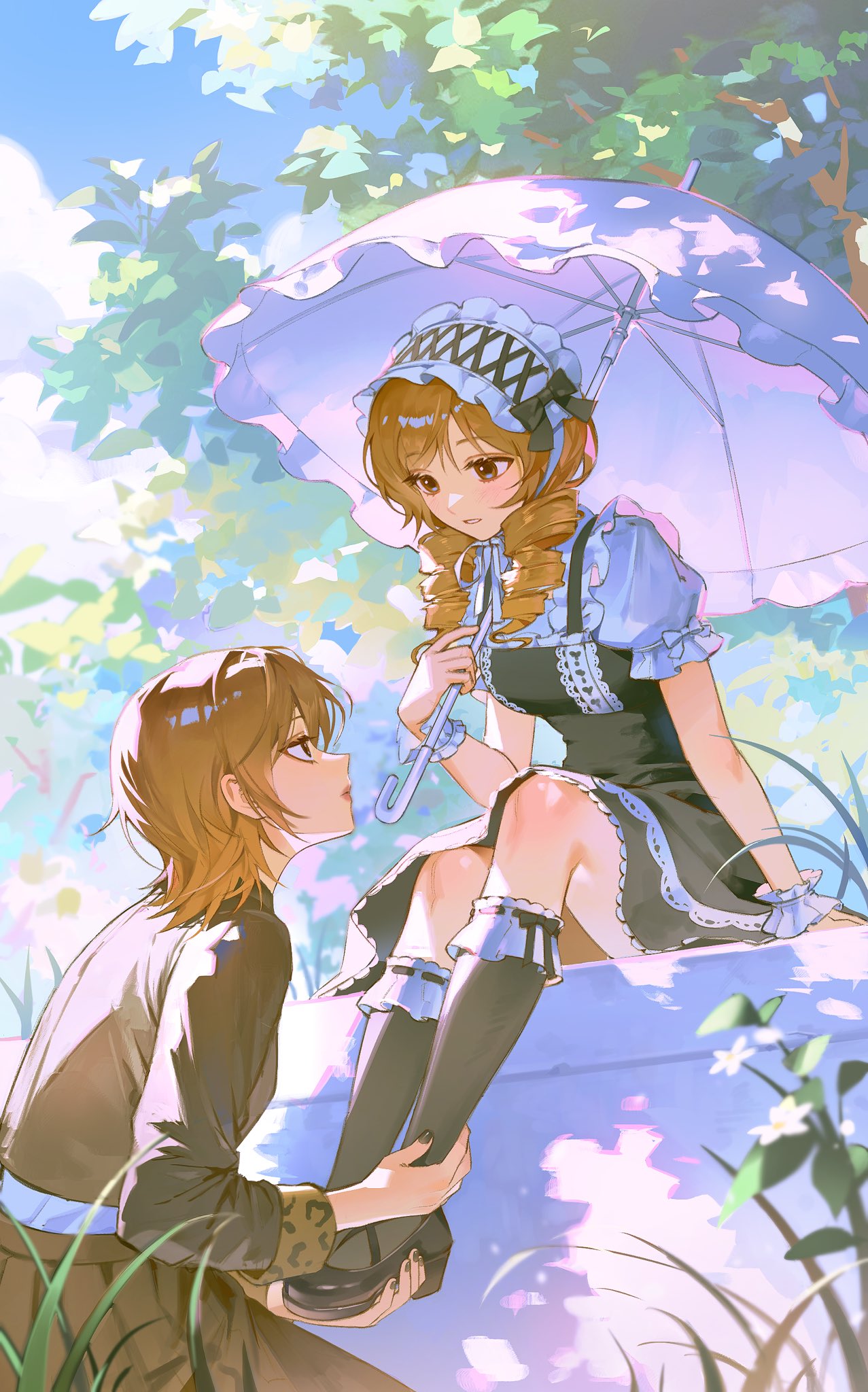 2girls, black_bow, black_nails, black_shoes, black_socks, blonde_hair, blue_sky, bow, brown_eyes, brown_hair, closed_mouth, clouds, dappled_sunlight, day, dress, drill_hair, eyelashes, fingernails, flower, frilled_wrist_cuffs, frills, full_body, grass, hand_on_another's_leg, headdress, highres, holding, holding_umbrella, kneehighs, lace, lace_trim, lips, long_hair, long_sleeves, looking_at_another, looking_up, medium_hair, misonyeo_s2, multiple_girls, nail_polish, original, outdoors, parted_lips, profile, puffy_short_sleeves, puffy_sleeves, shoes, short_sleeves, sky, socks, sunlight, tree, umbrella, white_flower, white_headdress, white_umbrella, wrist_cuffs, yuri