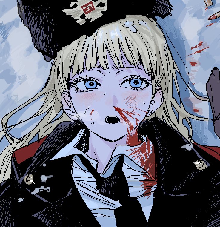 1girl, black_coat, black_hat, black_necktie, blonde_hair, blood, blue_eyes, blush