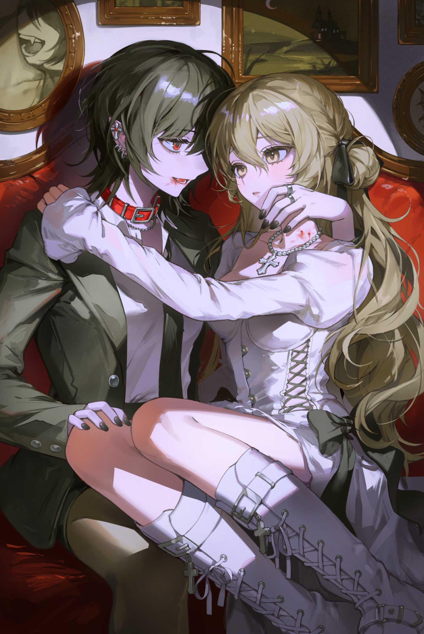 2girls, bite_mark, bite_mark_on_neck, black_bow, black_hair, black_nails, black_necktie, blonde_hair