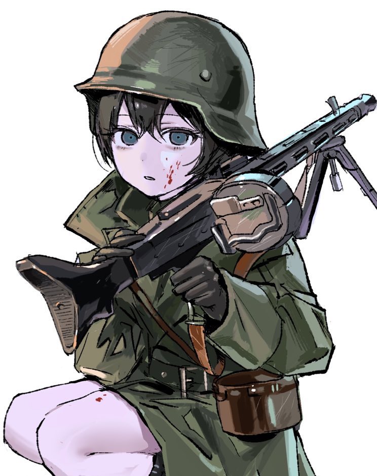 1girl, black_gloves, black_hair, blood, blood_on_face, blue_eyes, combat_helmet, english_commentary