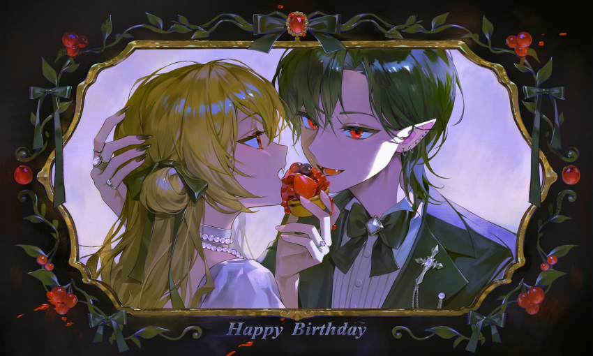 2girls, asymmetrical_bangs, black_bow, black_bowtie, black_hair, black_jacket, black_nails, blonde_hair