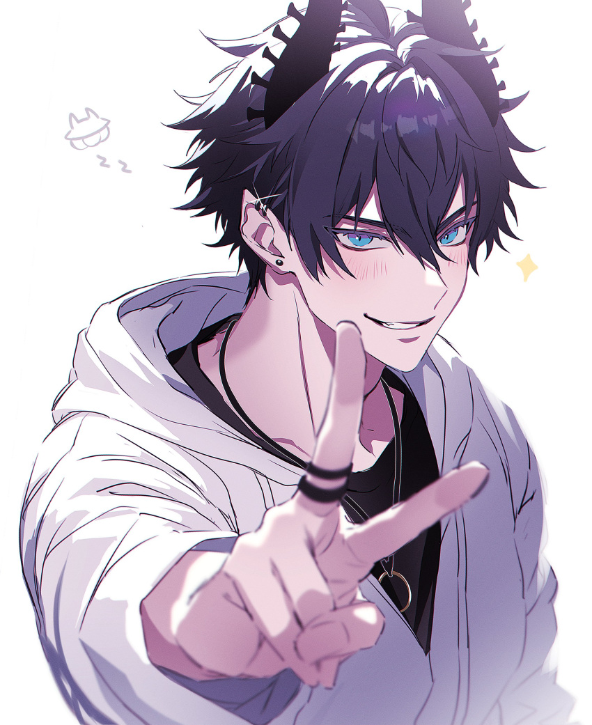 1boy, absurdres, aqua_eyes, black_hair, black_horns, black_shirt, blush, collarbone, commentary, crew_neck, double-parted_bangs, ear_piercing, earrings, grey_hoodie, hair_between_eyes, highres, hood, hood_down, hoodie, horns, jewelry, long_sleeves, looking_at_viewer, male_focus, necklace, nijisanji, nijisanji_en, outstretched_arm, owo_renren, piercing, ren_zotto, ring, ring_necklace, shirt, smile, solo, sparkle, t-shirt, teeth, upper_body, v, virtual_youtuber, white_background