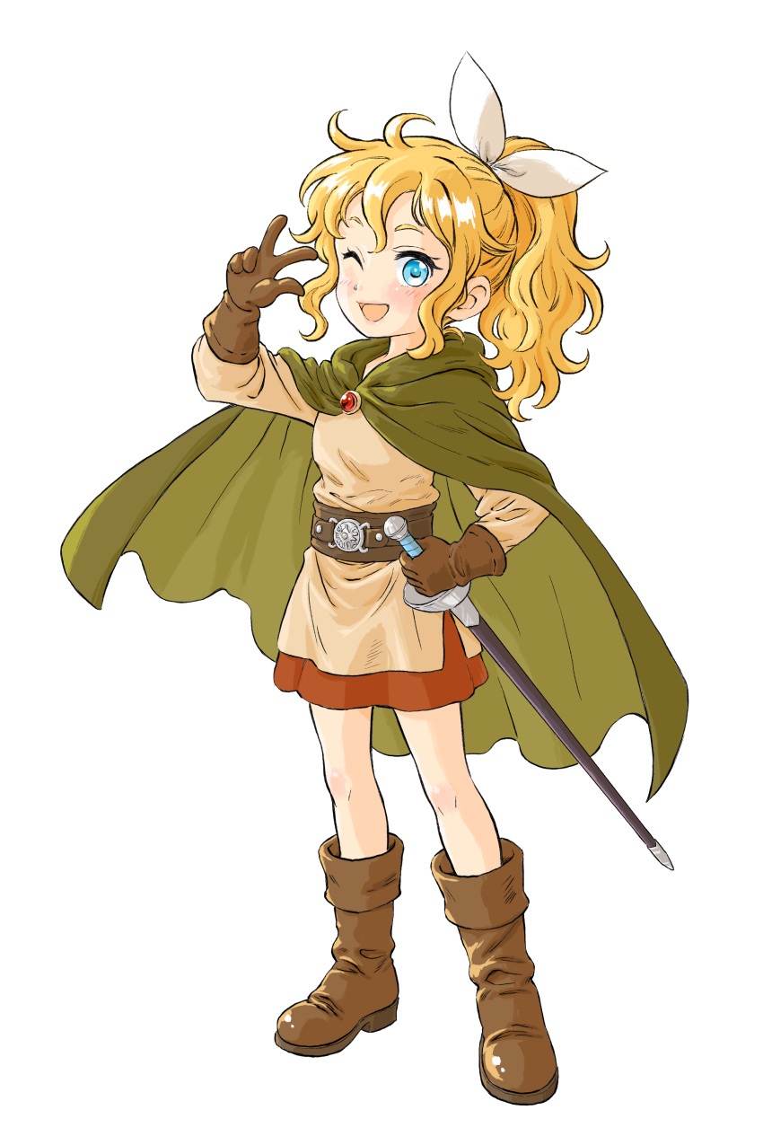 1girl, ;d, absurdres, belt, blonde_hair, blue_eyes, boots, bow, brown_boots, brown_gloves, cape, commentary_request, dragon_quest, dragon_quest_ii, floating_cape, full_body, gem, gloves, green_cape, hair_bow, highres, looking_at_viewer, looking_to_the_side, momo_oddeye, one_eye_closed, open_mouth, ponytail, princess_of_samantoria, rapier, red_gemstone, red_skirt, sheath, sheathed, shirt, skirt, smile, solo, sword, v, weapon, white_bow, yellow_shirt