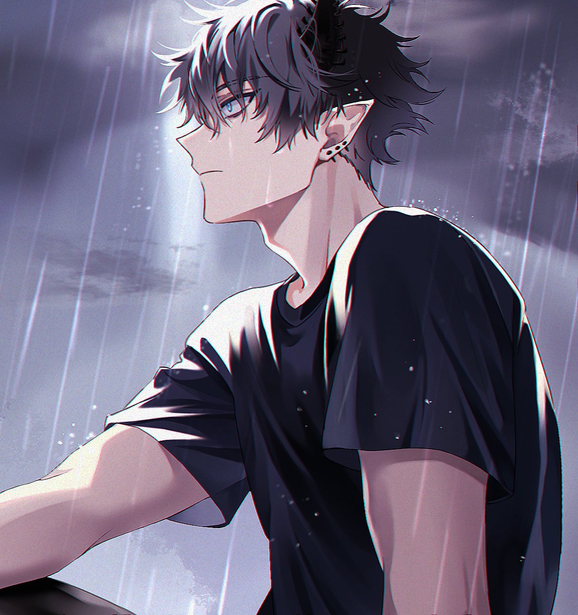 1boy, adam's_apple, black_hair, black_horns, black_pants, black_shirt, blue_eyes, closed_mouth