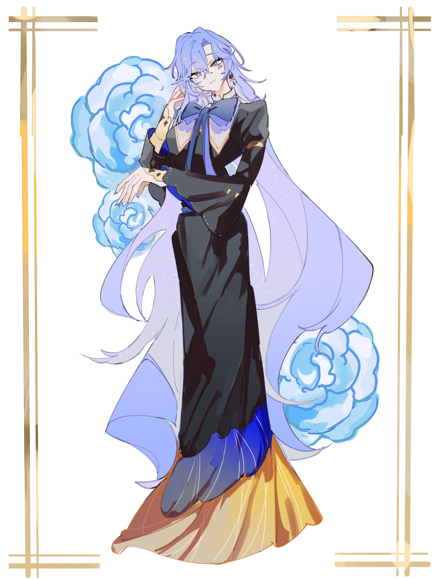 1girl, absurdres, alternate_costume, black_bow, black_bowtie, black_dress, blue_eyes, bow, bowtie, cantarella_(wuthering_waves), closed_mouth, commentary, dress, earrings, facial_mark, fingernails, hair_between_eyes, hand_up, highres, jewelry, light_smile, long_dress, long_hair, loomyoi2, mark_under_eye, nail_polish, purple_hair, purple_nails, solo, symbol-only_commentary, very_long_hair, white_background, wuthering_waves