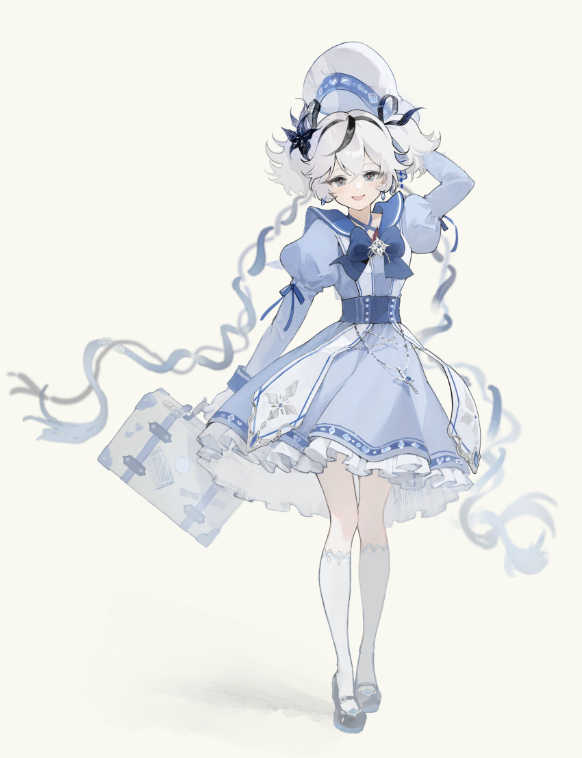 1girl, absurdres, alternate_costume, arm_up, black_eyes, black_flower, black_shoes, blake_bloom_(wuthering_waves)