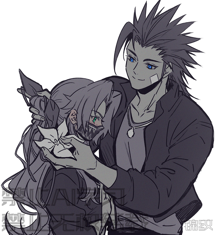 1boy, 1girl, adjusting_another's_hair, aerith_gainsborough, aerith_gainsborough_(midgard_seventh_high_school), bandaid, bandaid_on_cheek, bandaid_on_face
