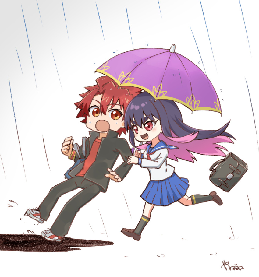 1boy, 1girl, asagaki_toogo, black_hair, black_jacket, black_pants, blue_skirt, chibi, highres, holding, holding_umbrella, idola_avorn, jacket, long_hair, pants, pleated_skirt, purple_hair, rain, red_eyes, red_hair, red_shirt, sentai_red_ga_isekai_de_boukensha_ni_naru, shirt, short_hair, simple_background, skirt, umbrella, violet_eyes, white_background, white_shirt, yanagimachi
