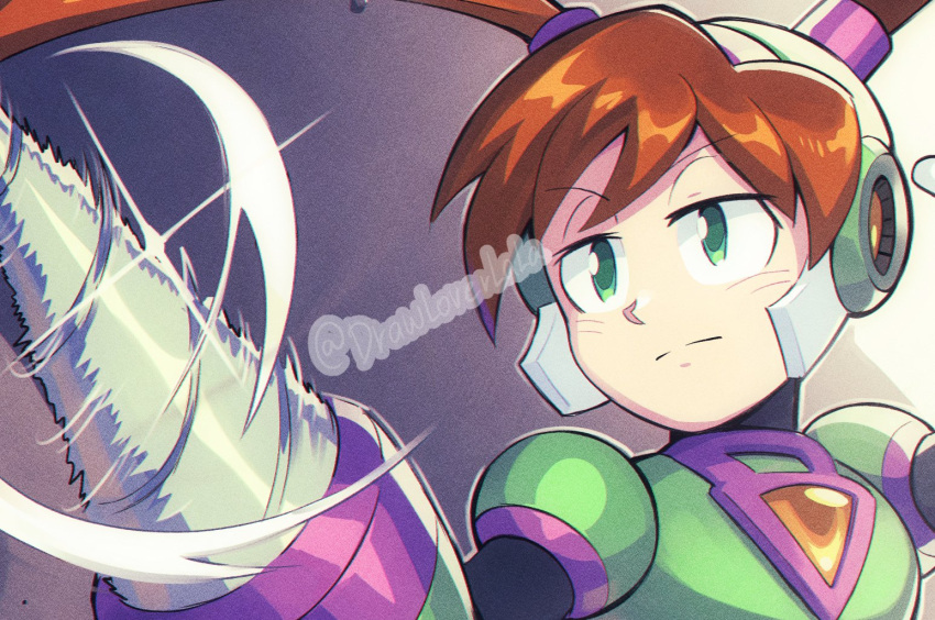 1girl, armor, brown_hair, drawloverlala, drill, green_armor, green_eyes, mega_man_(classic), mega_man_(series), quake_woman, solo, twintails, twitter_username, upper_body