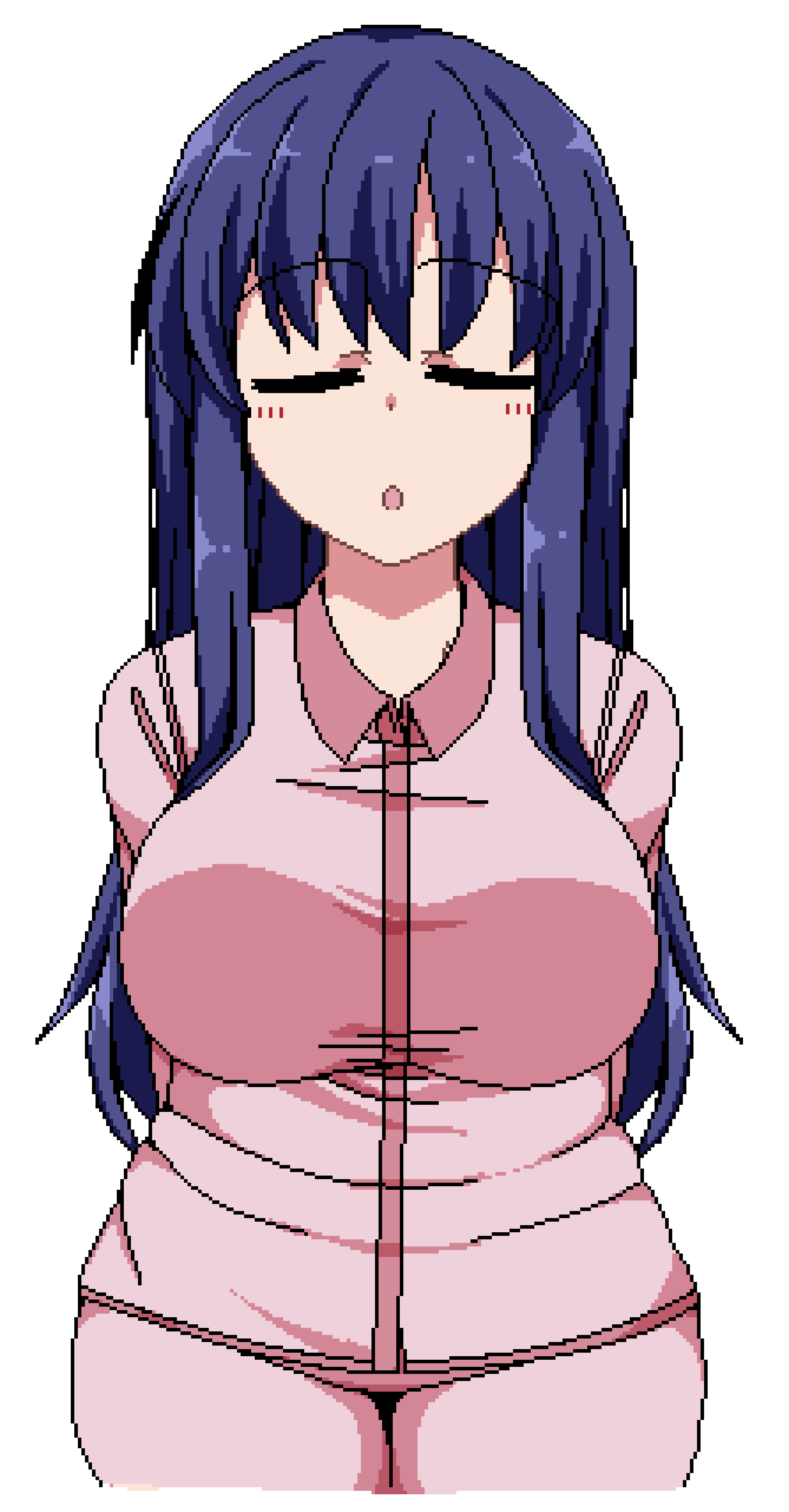 1girl, absurdres, arms_behind_back, blue_hair, blush, breasts, curvy, facing_viewer