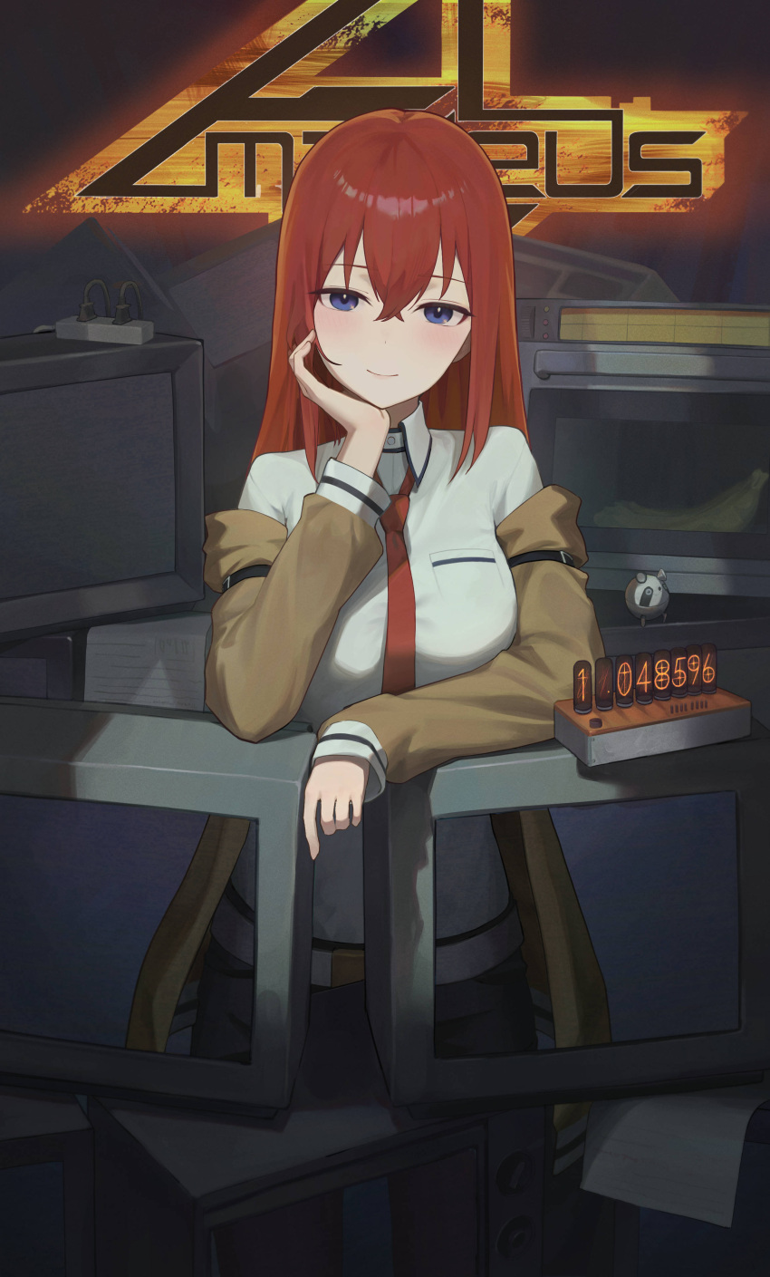 1girl, absurdres, arm_belt, banana, belt, black_shorts, blue_eyes, blush, breasts, brown_jacket, closed_mouth, collared_shirt, commentary, cowboy_shot, crossed_bangs, crt, elbow_rest, food, fruit, hair_between_eyes, hand_on_own_cheek, hand_on_own_face, head_rest, highres, jacket, long_hair, long_sleeves, looking_at_viewer, makise_kurisu, medium_breasts, microwave, necktie, nixie_tube, off_shoulder, open_clothes, open_jacket, power_strip, red_hair, red_necktie, satellite999, shirt, shorts, smile, solo, standing, steins;gate, steins;gate_0, television, upa_(steins;gate), white_belt, white_shirt