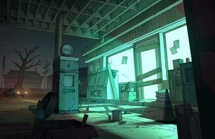 abandoned, absurdres, aimeedrawsstuff, bare_tree, box, can, car, cardboard_box