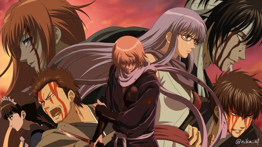 2girls, 5boys, anime_coloring, bandaged_head, bandages, belt, black_hair, black_tunic