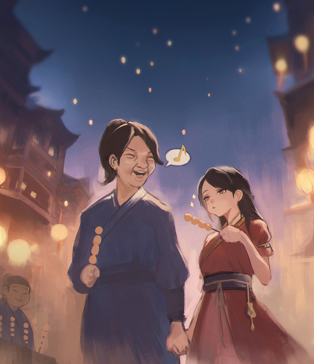 1girl, 2boys, architecture, black_eyes, black_hair, blue_robe, blue_sash, bright_pupils