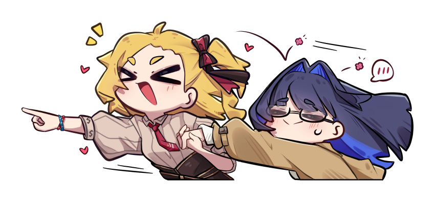 >_<, 2girls, :>, absurdres, blonde_hair, blue_hair, bracelet, closed_eyes