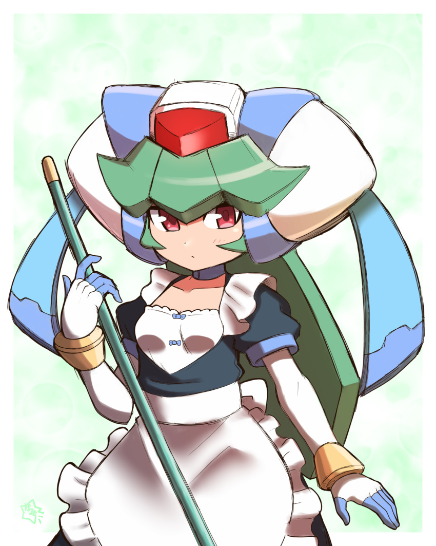 1girl, apron, black_dress, border, breasts, broom, collarbone, cowboy_shot, dress, forehead_jewel, green_background, green_hair, helmet, highres, holding, holding_broom, long_hair, magonzuhamiti, maid, mega_man_(series), mega_man_zx, model_w_(mega_man), pandora_(mega_man), red_eyes, simple_background, small_breasts, solo, white_apron, white_border, white_helmet