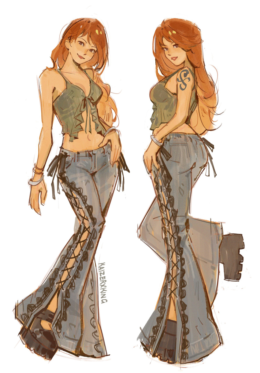 1girl, absurdres, arm_tattoo, artist_name, black_shoes, bracelet, commentary, cross-laced_pants