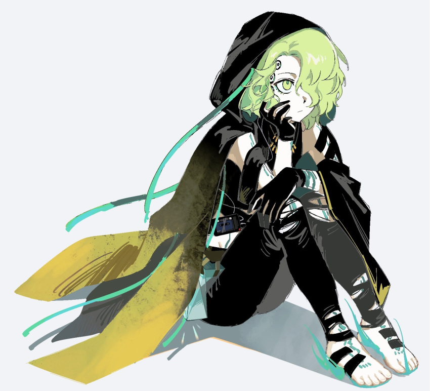 1boy, arknights, barefoot, black_cape, black_gloves, black_pants, cape, chinese_commentary, closed_mouth, commentary_request, full_body, gloves, green_eyes, green_hair, hair_over_one_eye, hand_on_own_cheek, hand_on_own_face, highres, hood, hood_up, hooded_cape, huidu, male_focus, pants, procreate_(medium), short_hair, sitting, solo, the_damazti_cluster_(arknights)