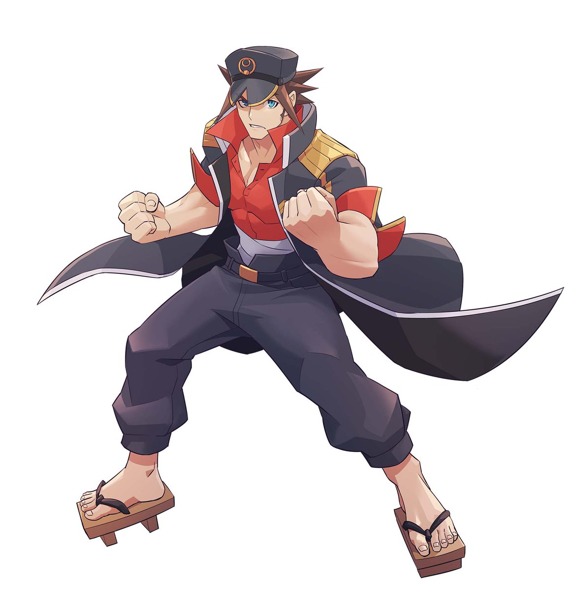 1boy, azure_striker_gunvolt, azure_striker_gunvolt_3, black_coat, black_hat, black_pants, brown_hair, camion_(gunvolt)