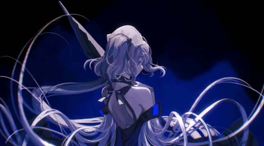 1girl, arknights, back, back_focus, backless_dress, backless_outfit, bare_shoulders, black_background
