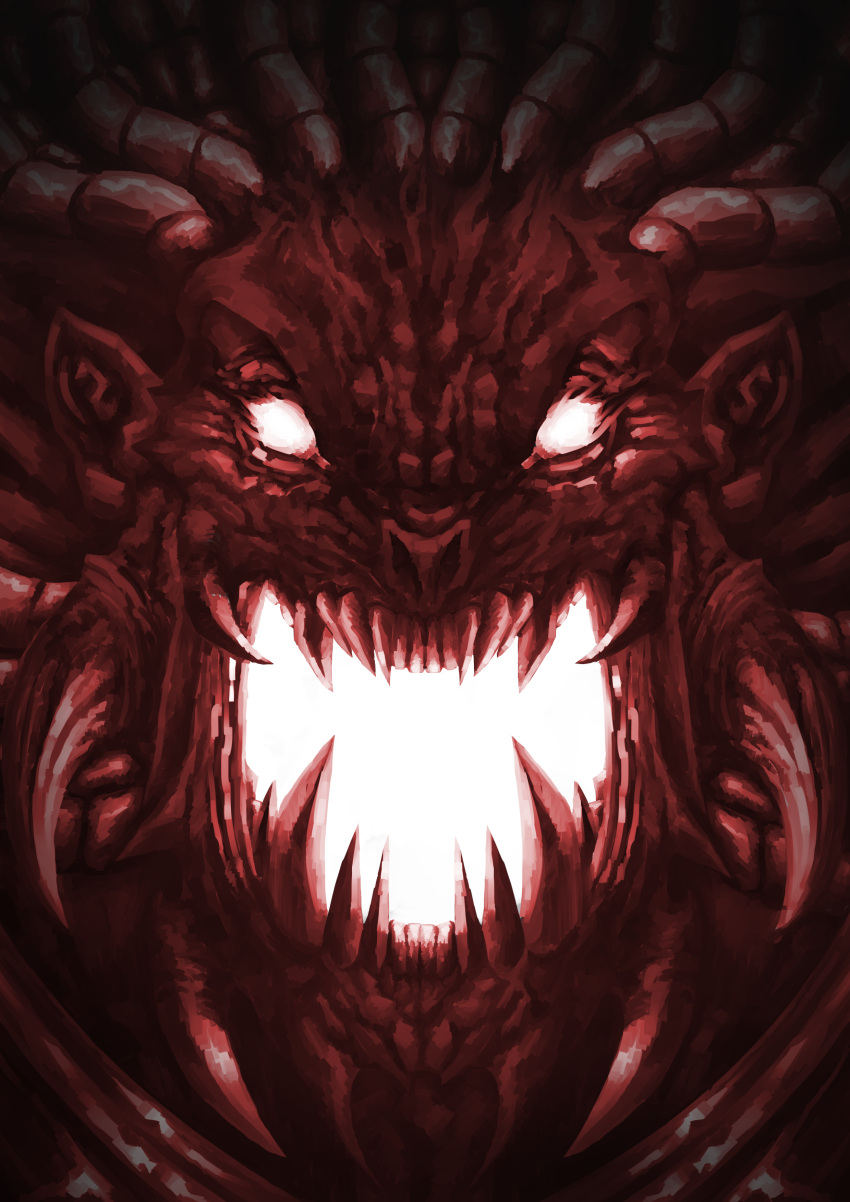 1boy, absurdres, angron, angry, armor, chaos_(warhammer), commentary, demon, demon_primarch, english_commentary, glowing, glowing_eyes, glowing_mouth, gorget, hair_tubes, highres, mortimer_sm, open_mouth, primarch, red_theme, sharp_teeth, shoulder_armor, spikes, teeth, tube, warhammer_40k, world_eaters
