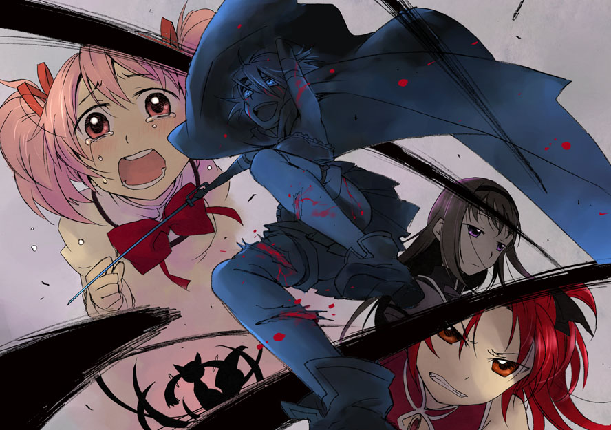 blood, bloody_tears, blue_eyes, blue_hair, cape, gif365, gloves, glowing