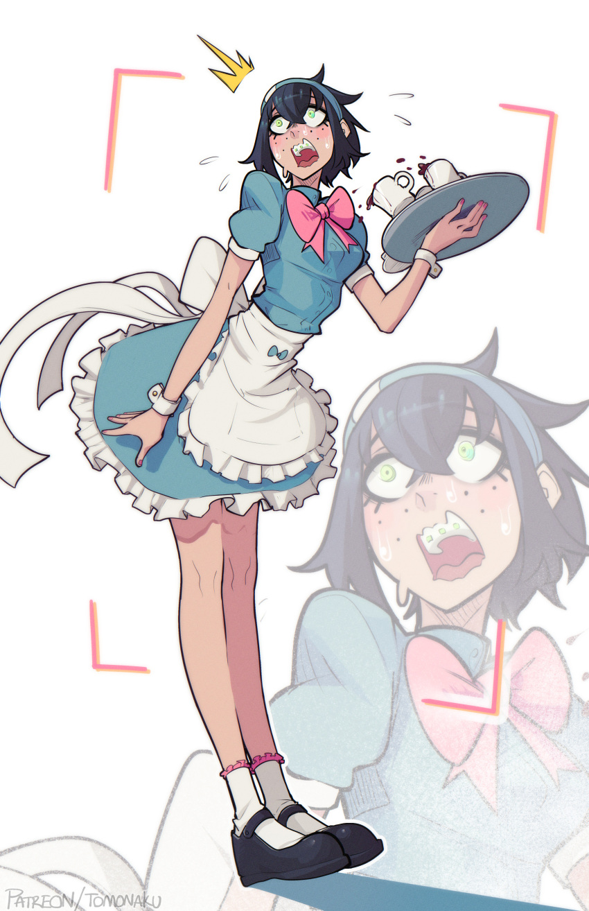 1girl, absurdres, apron, black_hair, blush, breasts, character_request, coffee