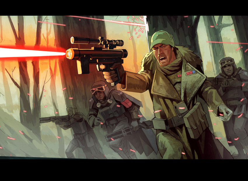 4boys, amad_mir, armor, black_gloves, gloves, green_jat, grern_coat, gun, highres, holding, holding_gun, holding_weapon, laser, letterboxed, multiple_boys, outdoors, star_wars, star_wars:_unlimited, tree, weapon