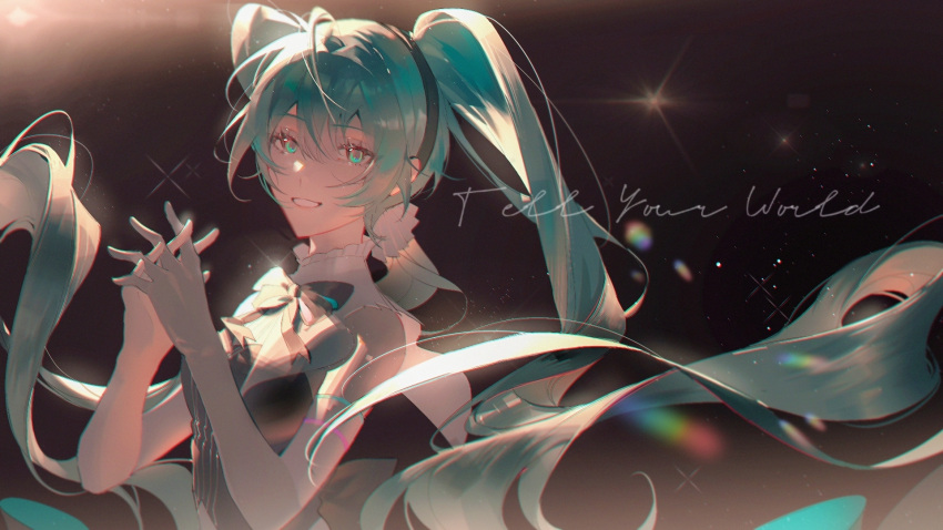 1girl, aqua_eyes, aqua_hair, black_headband, cathon613, elbow_gloves, english_commentary, english_text