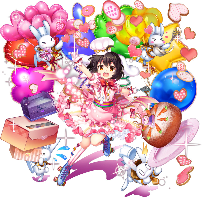 >_<, 0_0, 1girl, :d, ahoge, alternate_costume, animal, animal_ears, apron, back_bow, balloon, balloon_flower, blue_shoes, blush, blush_stickers, bow, bow_legwear, bowtie, box, brown_hair, buck_teeth, buttons, cake, candy, carrot, carrot_cake, carrot_necklace, character-themed_food, chef, chef_hat, clenched_teeth, confetti, cookie, cooking, crumbs, dress, floppy_ears, flying_sweatdrops, food, frilled_apron, frilled_dress, frilled_sleeves, frills, full_body, game_cg, gem, gift, gift_box, gingerbread_cookie, gloves, hair_between_eyes, hair_ornament, hat, heart, heart-shaped_cookie, heart-shaped_food, heart_balloon, highres, holding, holding_box, holding_whisk, inaba_mob_(touhou), inaba_tewi, inaba_tewi_(happy_patissiere), jewelry, kneehighs, magical_girl, medium_hair, necklace, necktie, official_art, open_mouth, orange_eyes, patterned_clothing, pink_apron, pink_dress, pink_ribbon, plate, polka_dot, puffy_short_sleeves, puffy_sleeves, rabbit, rabbit_ears, rabbit_girl, rainbow_order, red_bow, red_bowtie, reisen_udongein_inaba, ribbon, ribbon-trimmed_apron, ribbon-trimmed_dress, ribbon-trimmed_skirt, ribbon_trim, roller_skates, rotte_(1109), sailor_collar, shirt, shoes, short_sleeves, skates, smile, socks, solo, sparkle, sprinkles, star_balloon, striped_bow, striped_clothes, striped_dress, striped_socks, stuffed_animal, stuffed_rabbit, stuffed_toy, sweatdrop, tail, teeth, third-party_source, too_many_balloons, touhou, touhou_lostword, transparent_background, tripping, upper_teeth_only, vertical-striped_bow, vertical-striped_clothes, vertical-striped_dress, vertical-striped_socks, waist_apron, whisk, white_gloves, white_hat, white_shirt, x_x, yellow_necktie, yellow_sailor_collar