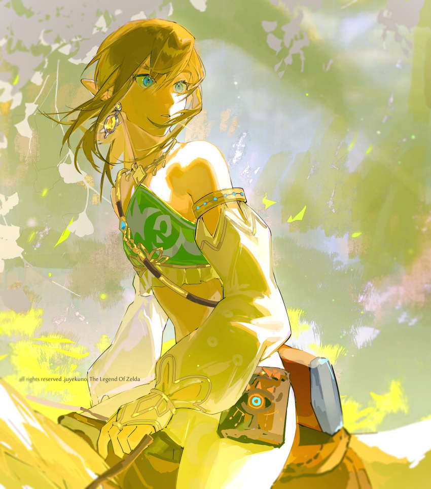1boy, absurdres, arabian_clothes, armlet, blonde_hair, blue_eyes, commentary, crossdressing
