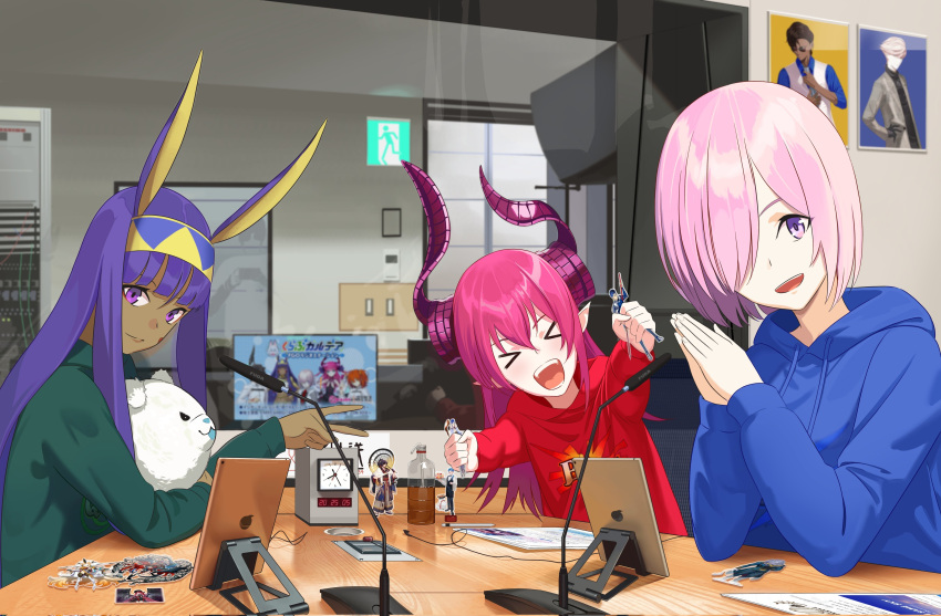 >_<, 3girls, absurdres, animal_ears, arts_shirt, blue_hoodie, buster_shirt, dark-skinned_female