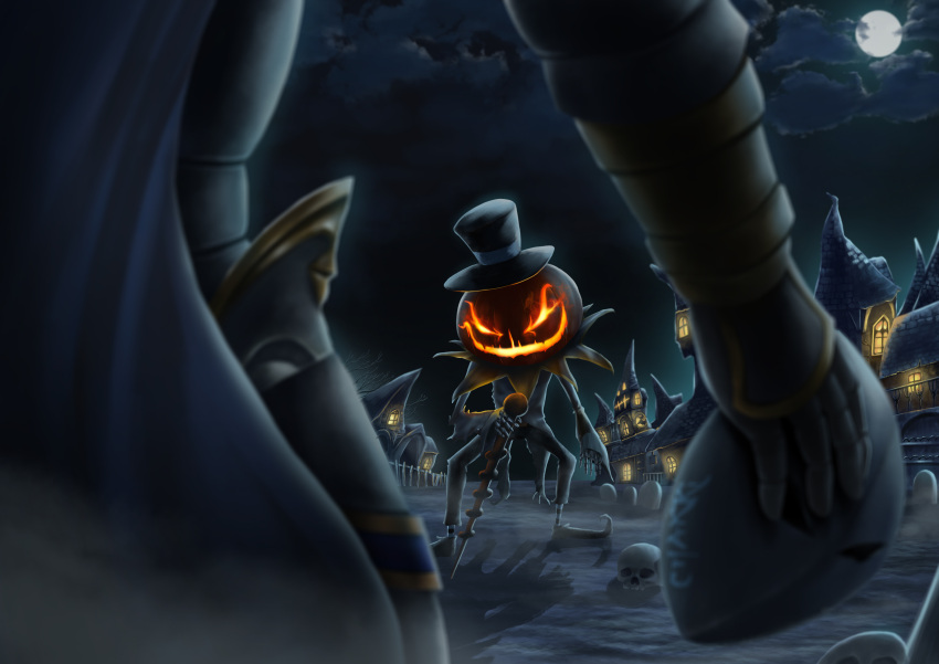 1boy, 1other, absurdres, black_hat, black_pants, blue_cape, cane, cape, danuuu, full_body, full_moon, gauntlets, hat, highres, holding, holding_cane, house, jack-o'-lantern_head, jakk_(ragnarok_online), moon, night, night_sky, other_focus, outdoors, pants, pumpkin, ragnarok_online, royal_guard_(ragnarok_online), skull, sky, solo_focus, tombstone, top_hat