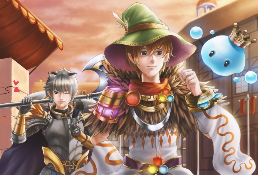 2boys, absurdres, animal_ears, aqua_(ragnarok_online), argyle_clothes, argyle_shirt, armor, axe