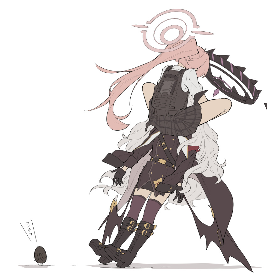 2girls, absurdres, black_boots, black_gloves, black_halo, black_jacket, black_skirt, black_thighhighs