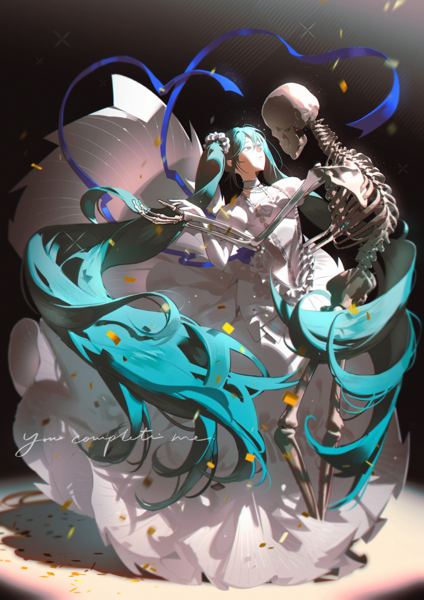1girl, absurdres, aqua_eyes, aqua_hair, bead_necklace, beads, blue_ribbon, cathon613