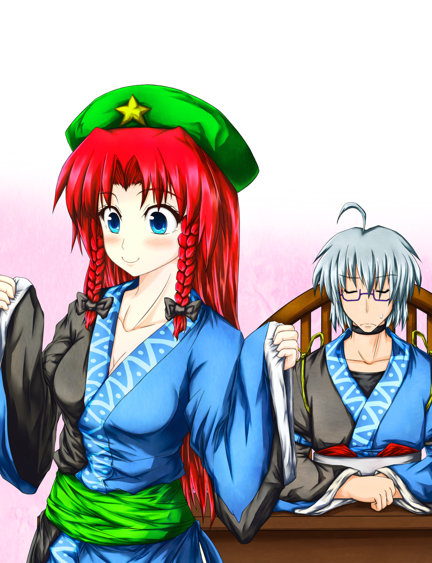 1boy, 1girl, ahoge, beret, blue_eyes, braid, breasts, chair