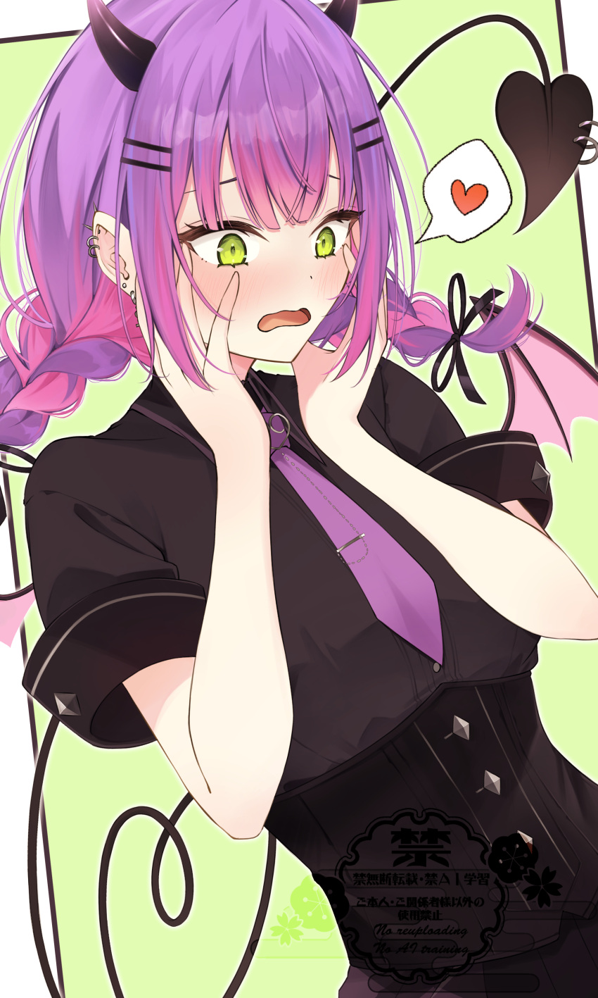 1girl, absurdres, aoba_takeru, black_shirt, blush, demon_girl, demon_horns, demon_tail