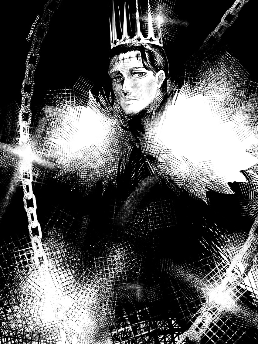 1boy, absurdres, black_clover, chain, closed_mouth, coat, crown, dante_zogratis