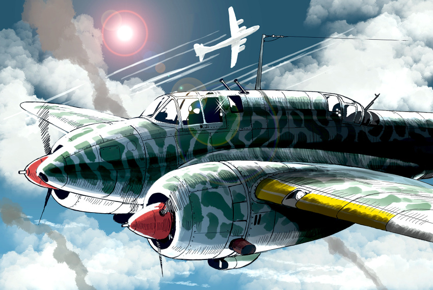 aircraft, airplane, b-29_superfortress, clouds, cloudy_sky, day, flying, helmet