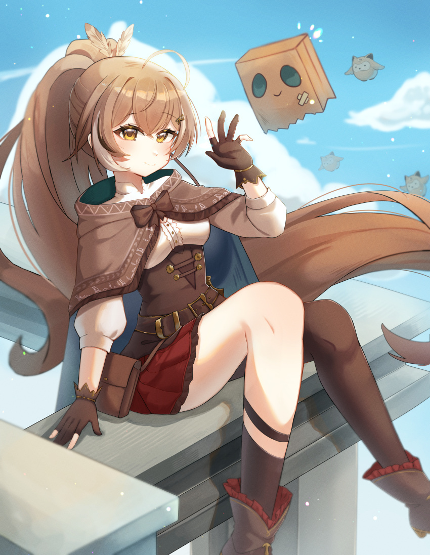 1girl, absurdres, ahoge, ankle_boots, archery_shooting_glove, belt_pouch, black_gloves, black_hair