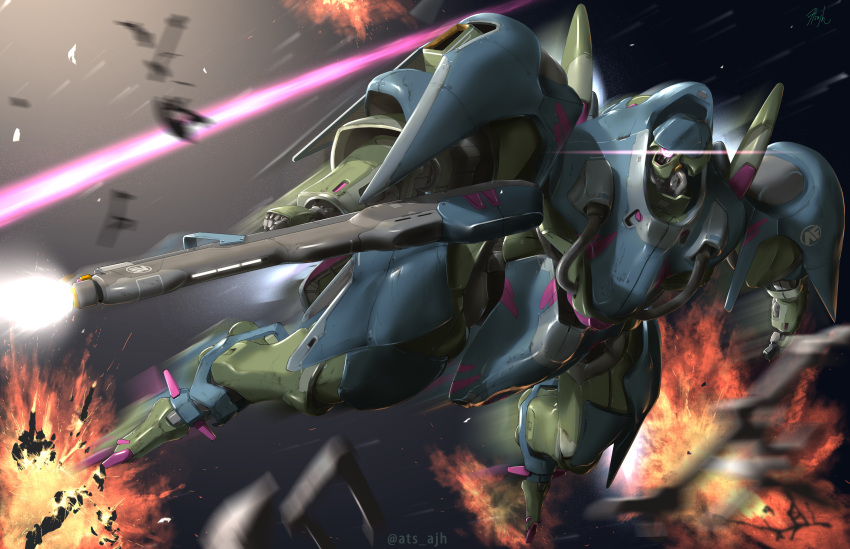 absurdres, anaheim_electronics, artist_name, atsajh, beam_rifle, debris, energy_beam, energy_gun, explosion, firing, gundam, gundam_f90, highres, holding, holding_weapon, lens_flare, machinery, mecha, mecha_focus, mobile_suit, motion_blur, msa-0120, no_humans, one-eyed, robot, science_fiction, signature, space, thrusters, twitter_username, weapon