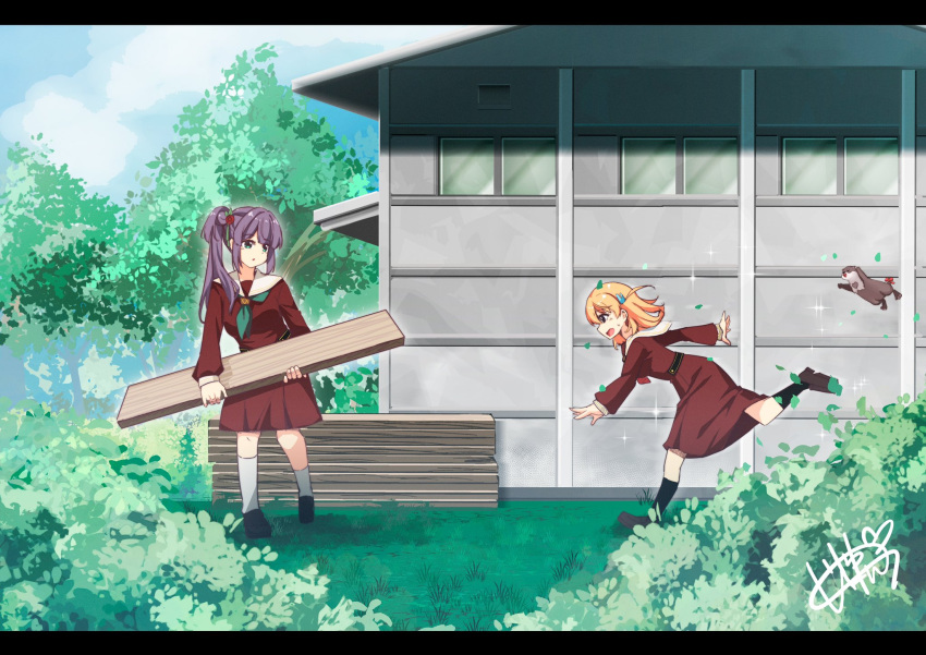 2girls, animal, aqua_eyes, aqua_neckerchief, black_socks, breasts, brown_dress, brown_shoes