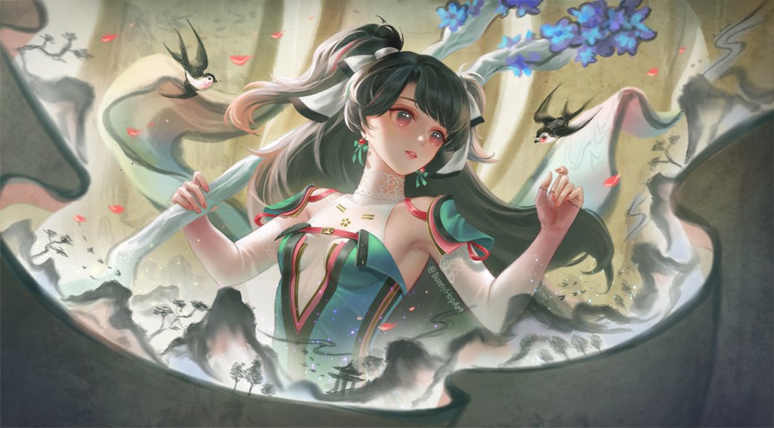 1girl, alt_text, aqua_dress, bare_shoulders, bird, black_hair, bow, branch