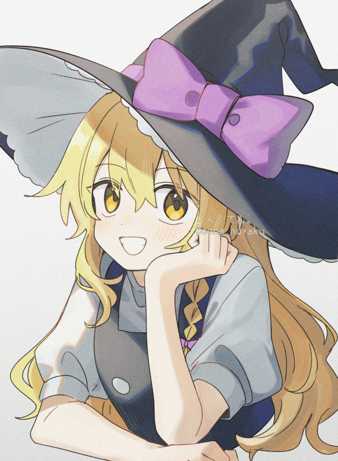1girl, artist_name, black_dress, black_hat, blonde_hair, bow, braided_sidelock, commentary_request