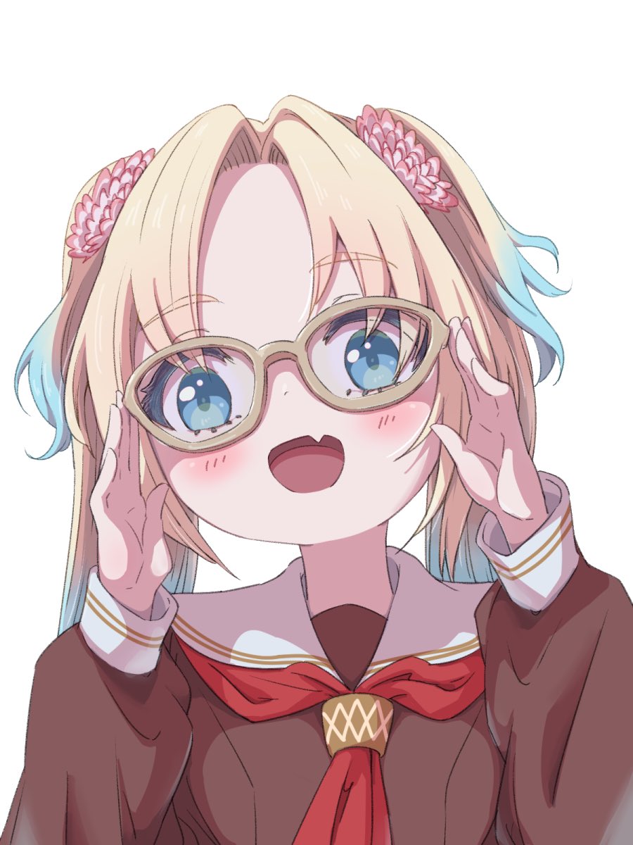 1girl, :d, blonde_hair, blue_eyes, blue_hair, blush, brown-framed_eyewear, brown_dress